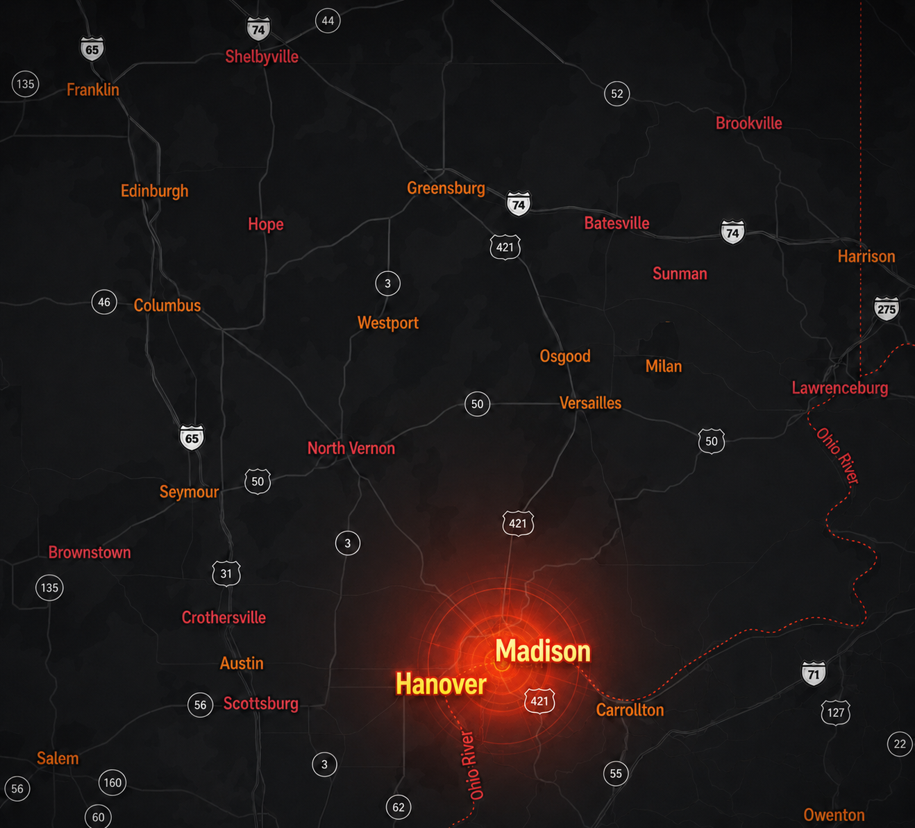 Dark Southern Indiana service area map highlighting Madison and Hanover for Mad Town Print.