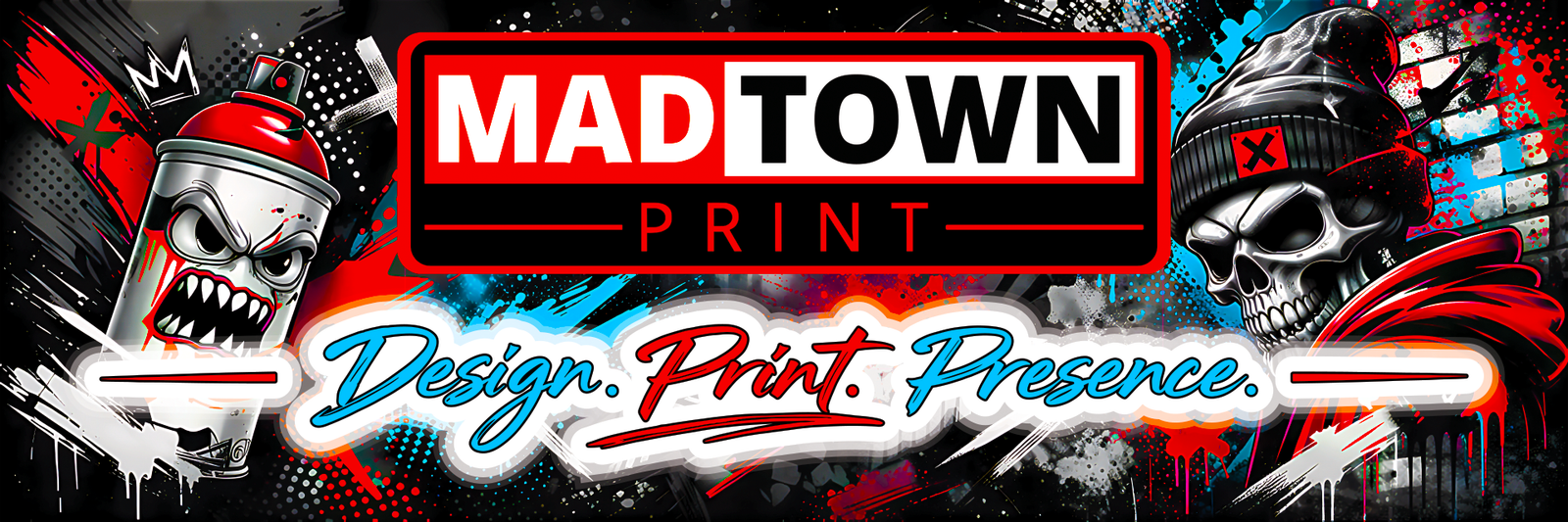 Mad Town Print — graffiti brand banner with spray can and skull